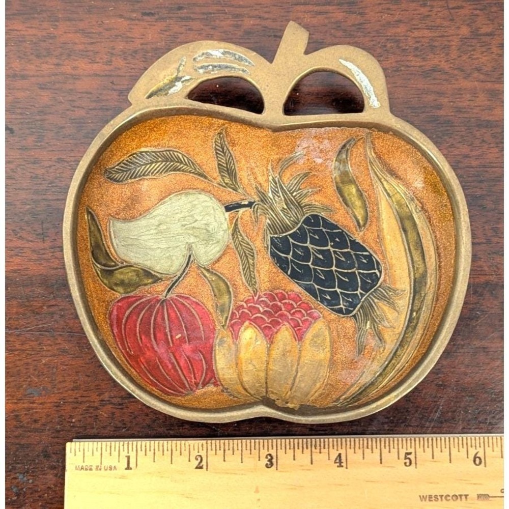 Vintage Enameled Brass Apple Shaped Trinket Dish Fruit Motif Gold Tone 6in - Picture 3 of 7